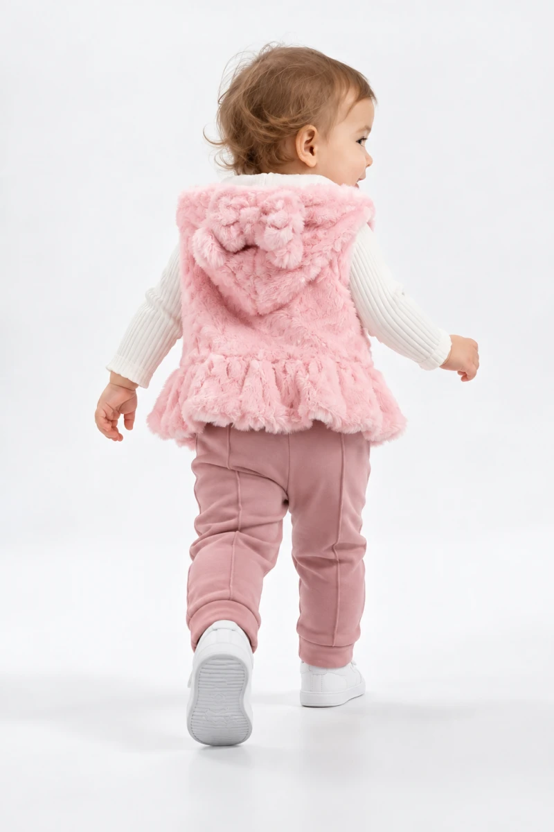PELUŞ YELEKLİ 3 LÜ KIZ BEBE TAKIM 57654