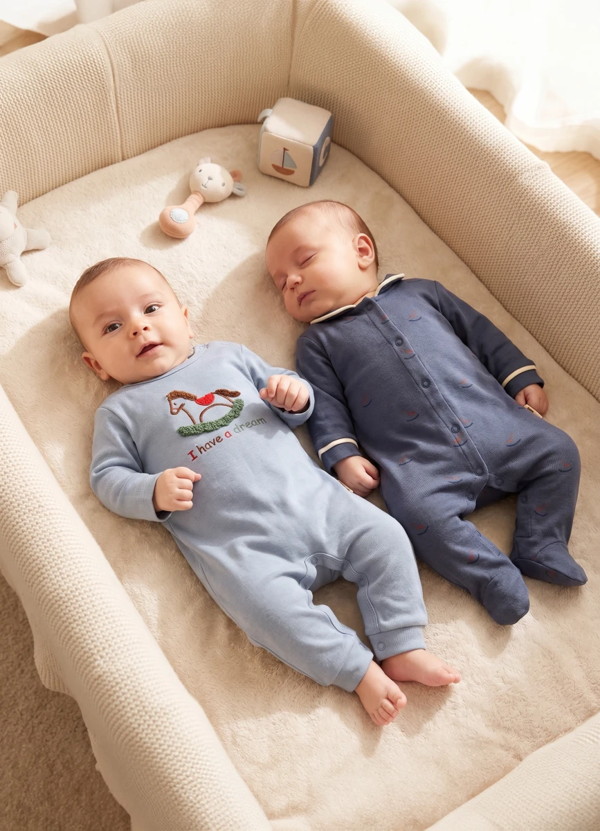 AT BASKILI İKİLİ ERKEK BEBE TULUM 3059