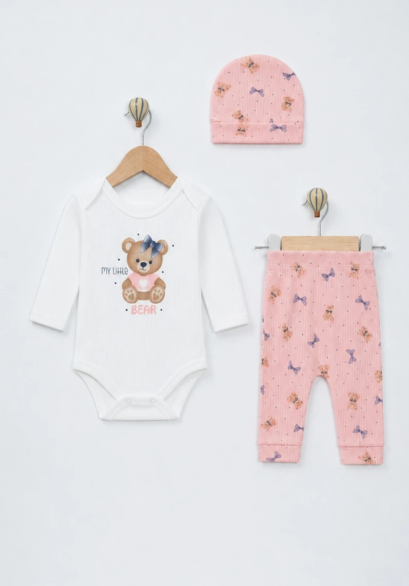AYICIK FİYONK BASKI BADİLİ PAMUKLU 3 LÜ KIZ BEBE TAKIM 14002