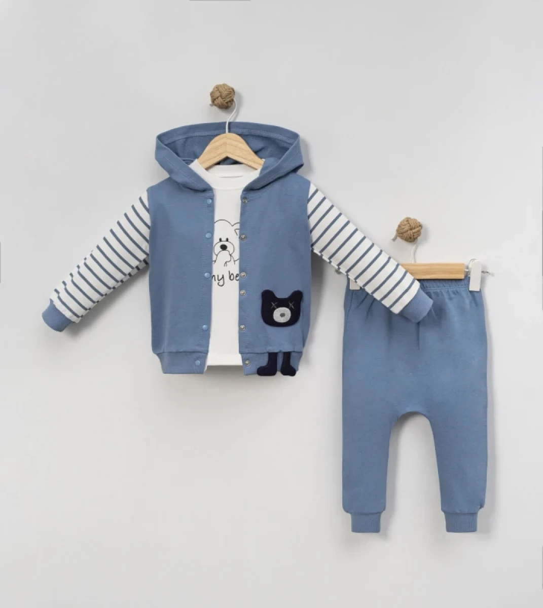 AYICIK NAKIŞLI YELEKLİ 3 LÜ ERKEK BEBE TAKIM 3081
