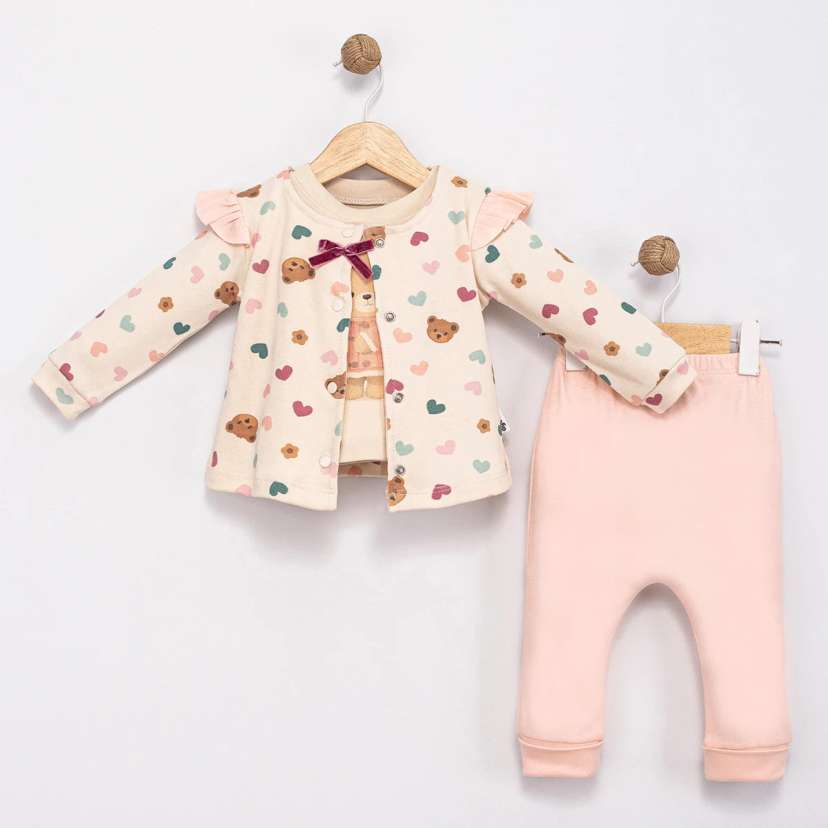 AYICIK VE KALP BASKILI PAMUKLU 3 LÜ BEBE TAKIM 6086