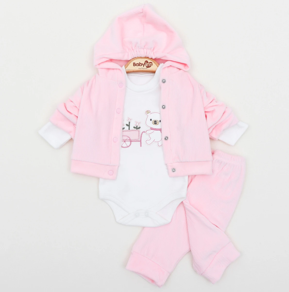 AYICIKLI KAPÜŞONLU 3 LÜ KADİFE BEBE TAKIM 2442
