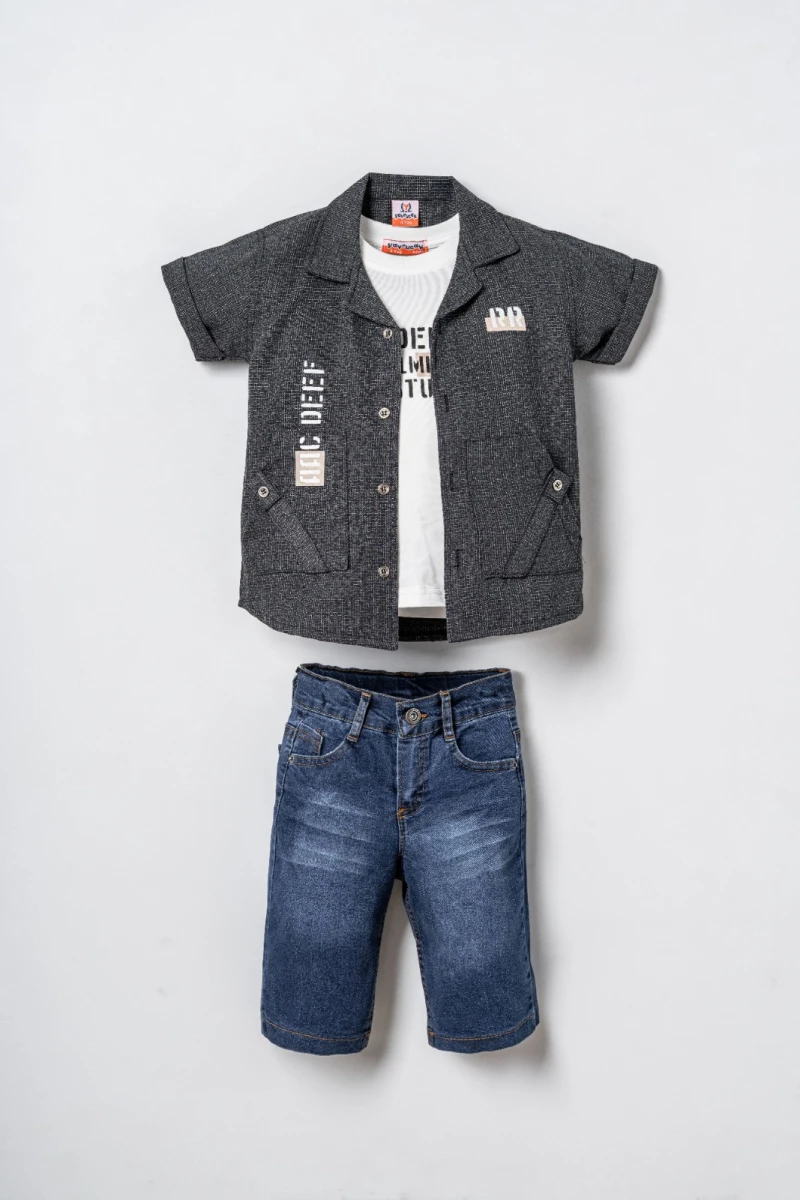 BASKI DETAYLI GÖMLEKLİ ERKEK ÇOCUK 3 LÜ TAKIM 5875