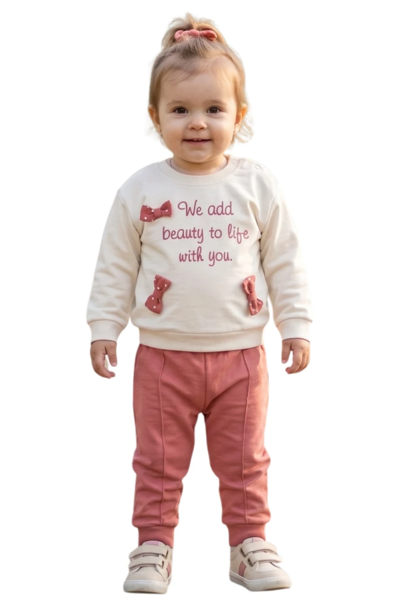 BASKI VE FİYONK DETAYLI KIZ BEBE TAKIM 26696