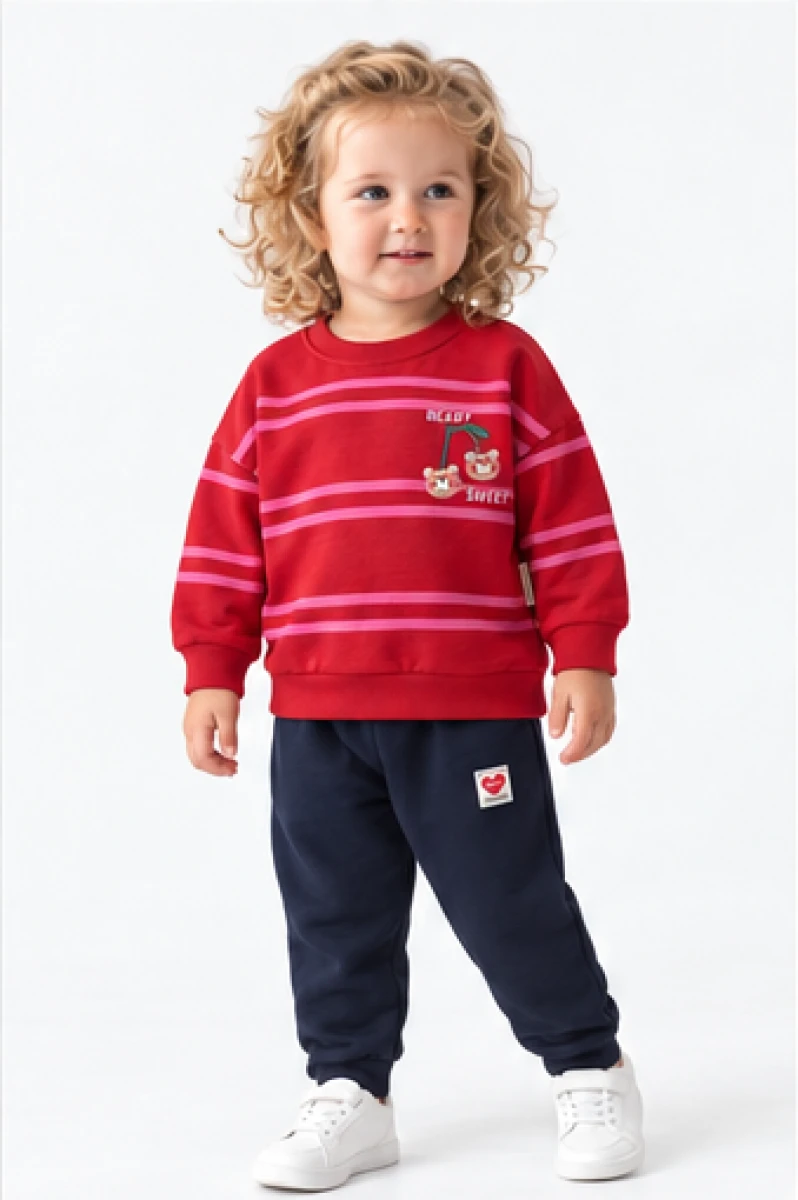BEAR KİRAZ NAKIŞLI 2 İP KIZ BEBE TAKIM V3228