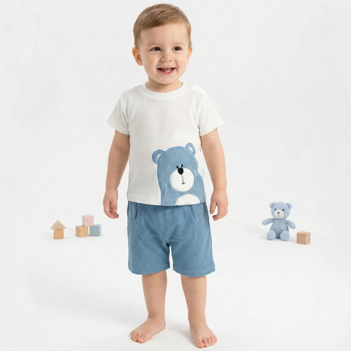 BEAR NAKIŞLI WAFFLE ŞORTLU ERKEK BEBE TAKIM 2014