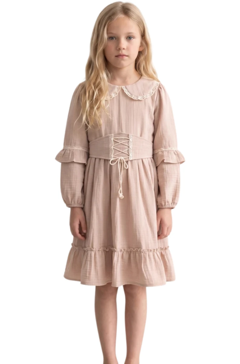 BEBE YAKA DANTELLİ KIZ ÇOCUK ELBİSE  6120