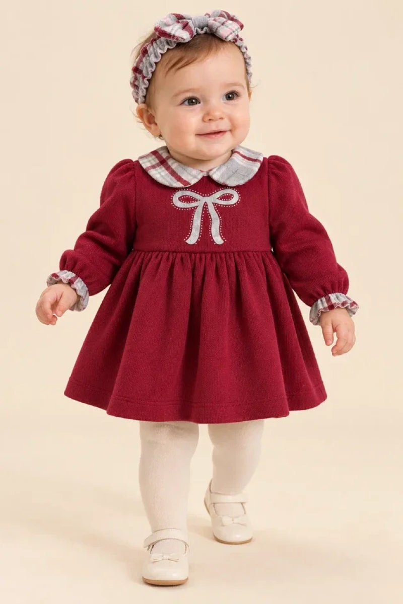 BEBE YAKA FİYONKLU BEBE ELBİSE 6556