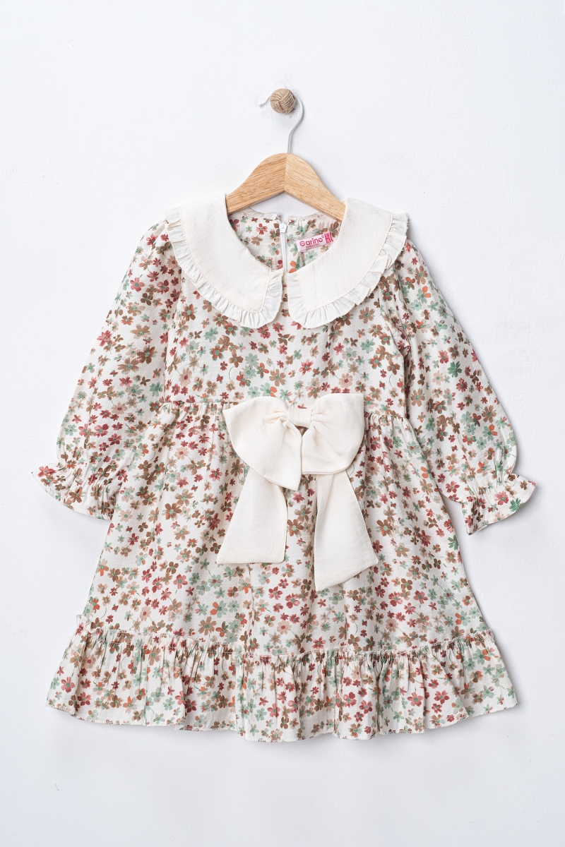 BELİ FİYONKLU BASKILI ÇİÇEKLİ KIZ ÇOCUK ELBİSE 4401