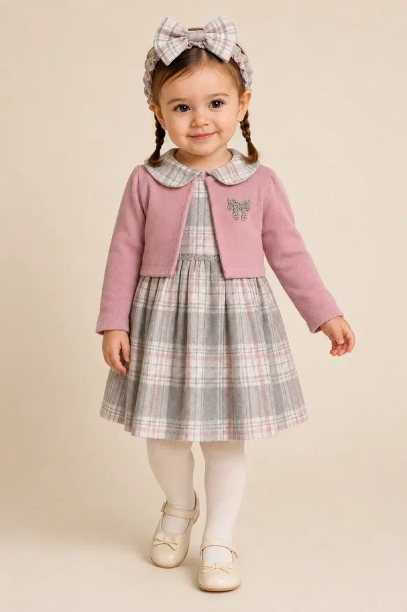 BOLEROLU TAŞ BASKILI KIZ BEBE ELBİSE 6550