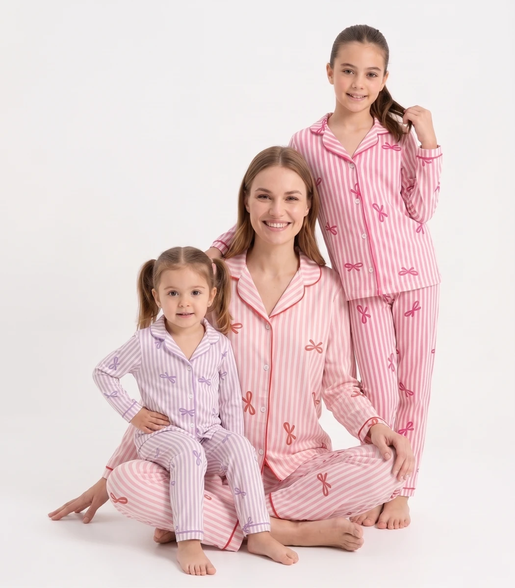 BOYUNA ÇİZGİLİ FİYONKLU ANNE BOY PİJAMA TAKIM 3006