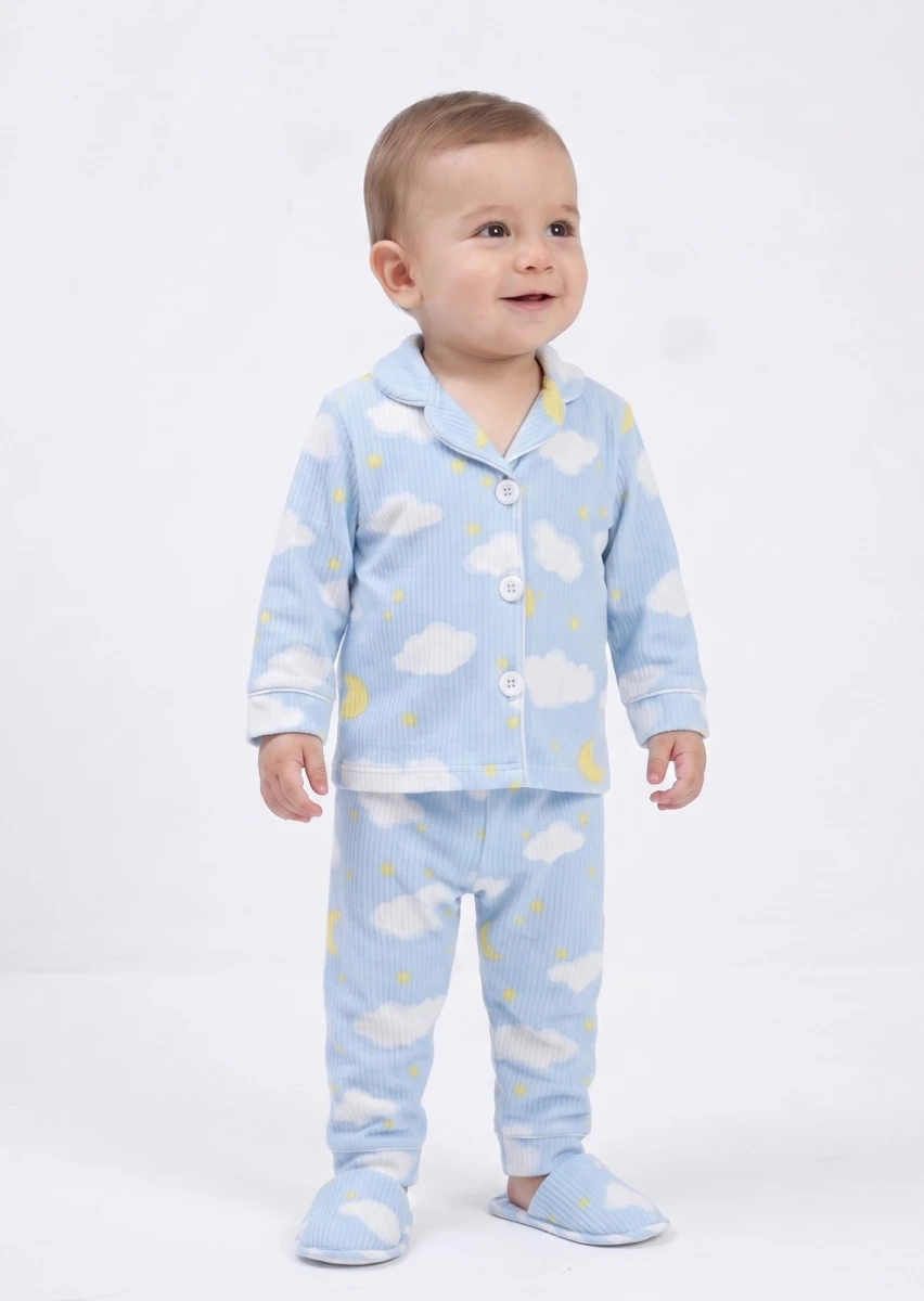 BULUT VE AY BASKILI TERLİKLİ ÇOCUK PİJAMA TAKIMI 4093