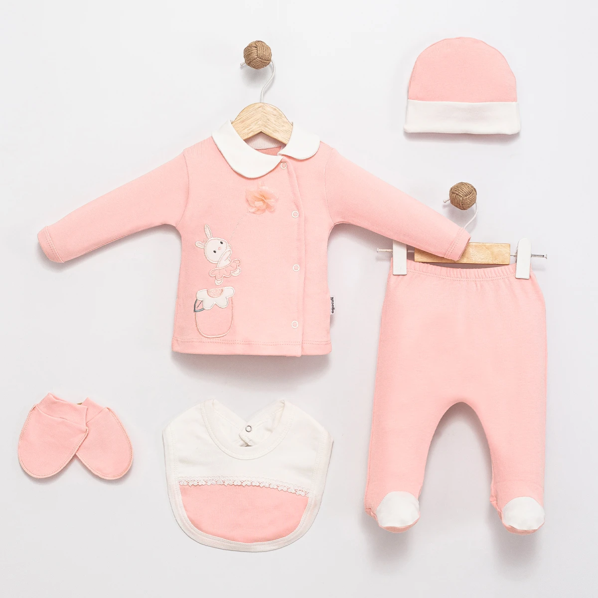 CEPLİ ÇİÇEKLİ TAVŞAN NAKIŞLI 5 Lİ KIZ BEBE ZIBIN TAKIM 10166