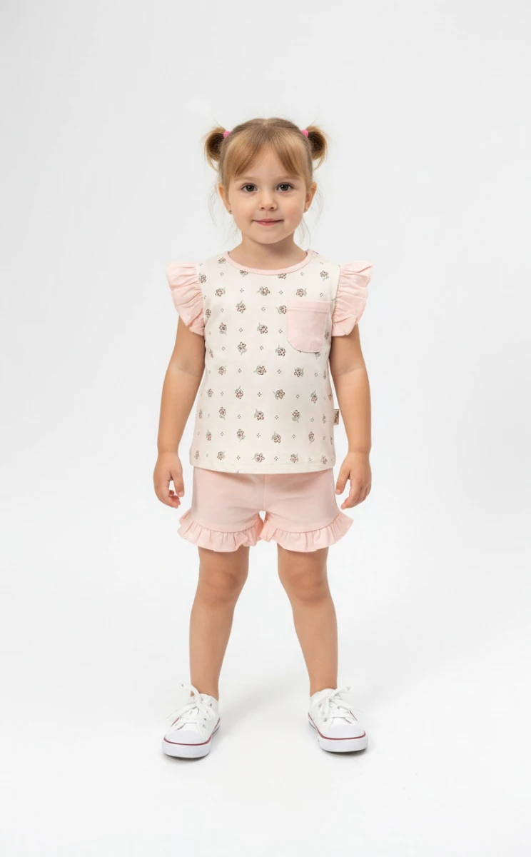 ÇİÇEK BASKILI CEPLİ AYLIK KIZ BEBE YAZLIK TAKIM 6036
