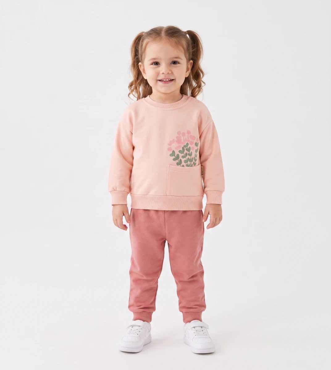 ÇİÇEK BASKILI ÖN CEPLİ KIZ BEBE İKİLİ TAKIM 3360