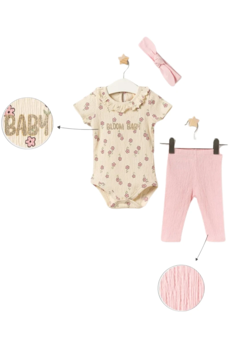 ÇİÇEK BASKILI SAÇ BANTLI KIZ BEBE İKİLİ TAKIM 25359