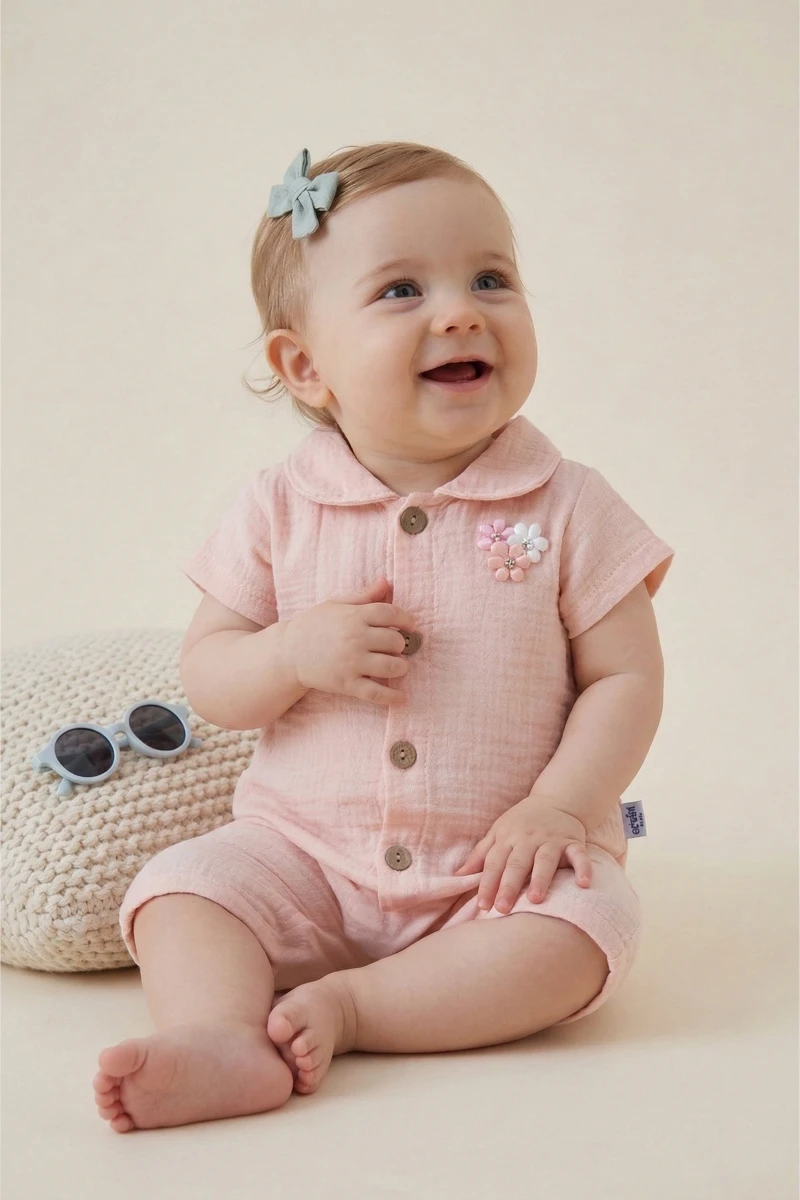 ÇİÇEK BROŞLU YAKALI MÜSLİN KIZ BEBE TULUM 1123