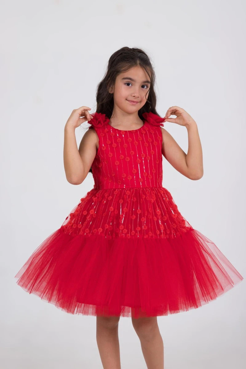 ÇİÇEK DESEN DANTEL GARNİLİ KIZ ÇOCUK ELBİSE 3533