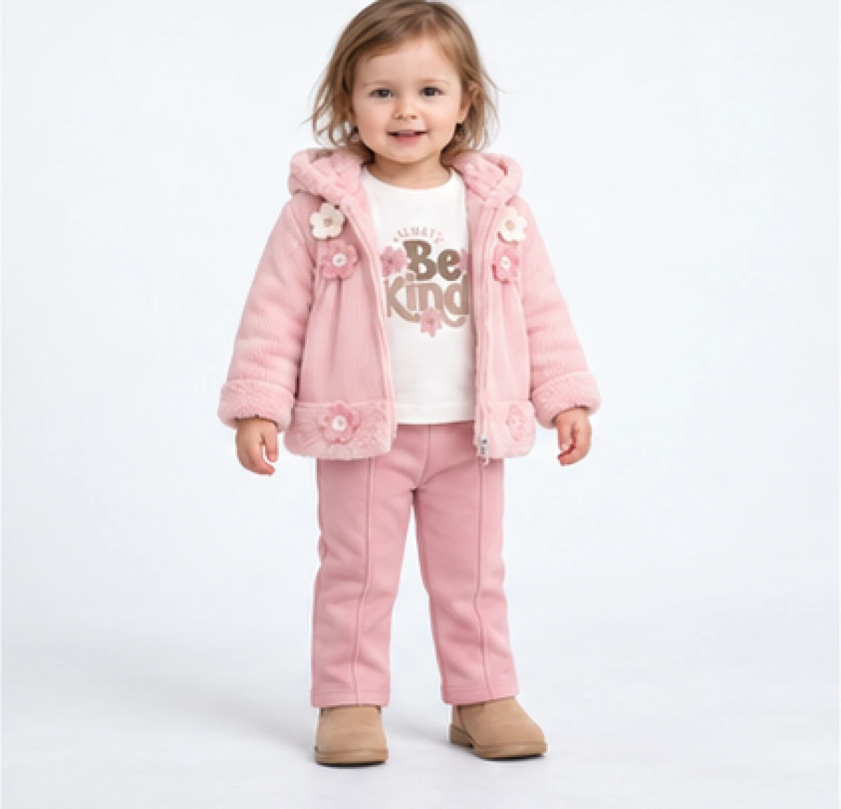 ÇİÇEK DETAY PELUŞ CEKETLİ 3 LÜ KIZ BEBE TAKIM  8532