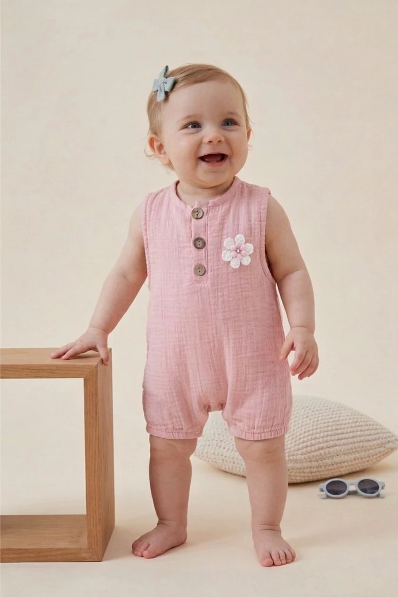ÇİÇEK DETAYLI KIZ BEBE MÜSLİN TULUM 1124