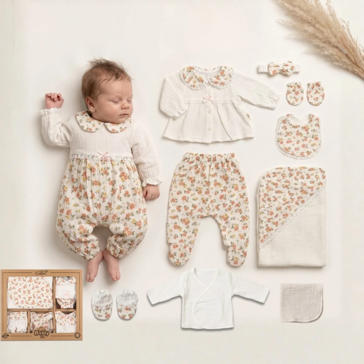 ÇİÇEK DETAYLI MÜSLİN KIZ BEBE 10 LU ZIBIN SET 10018