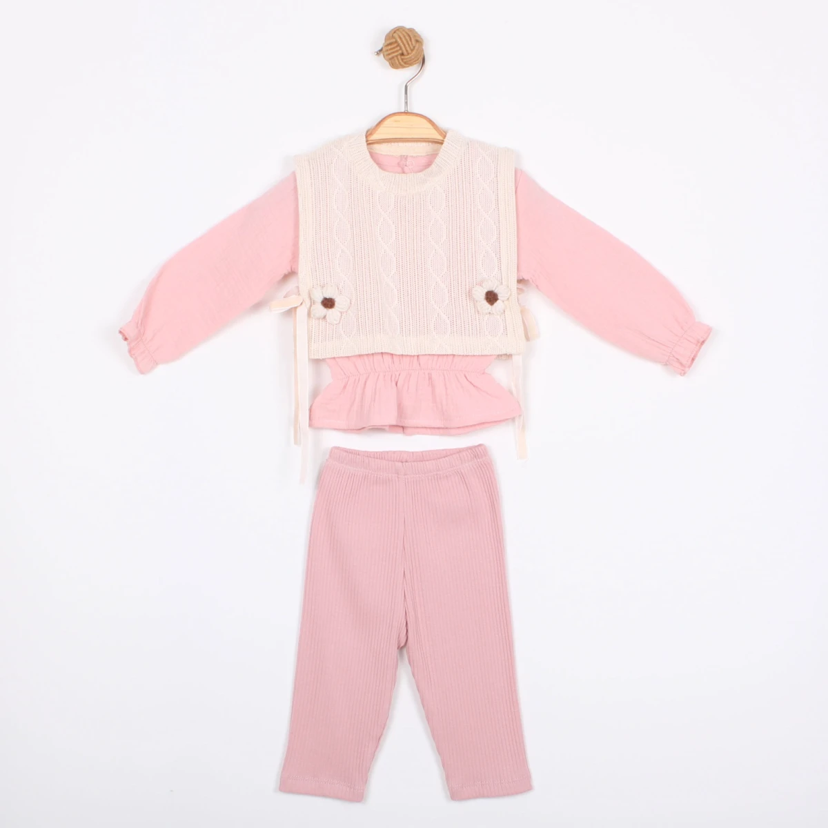 ÇİÇEK DETAYLI YELEKLİ KIZ BEBE 3 LÜ TAKIM 1803