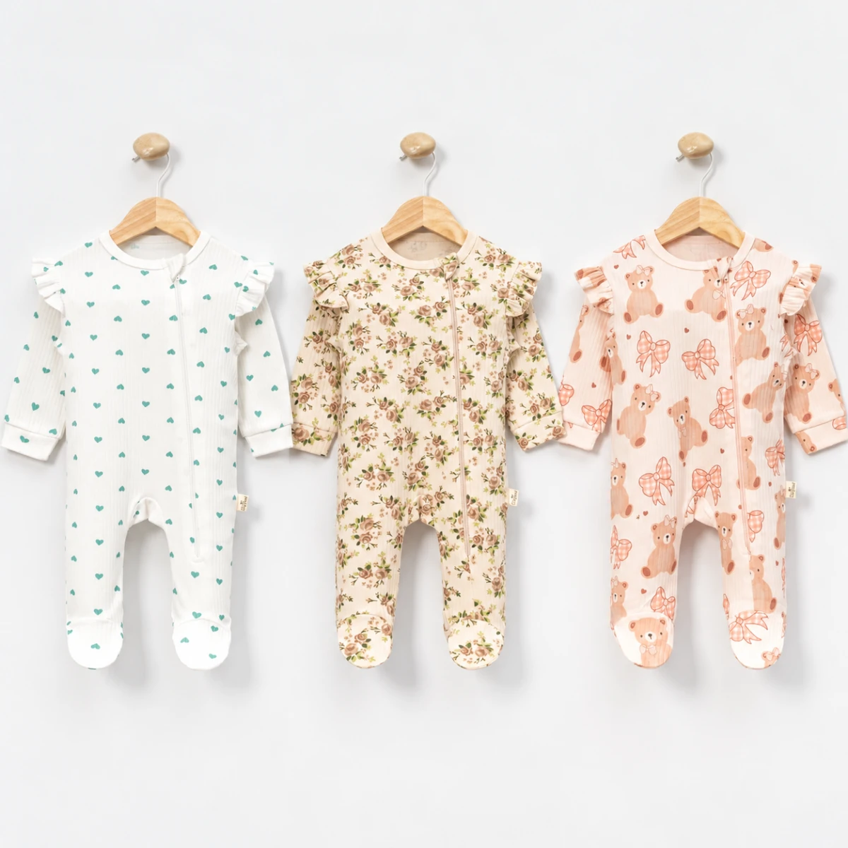 ÇİÇEK KALP AYICIK BASKILI PAMUKLU 3 LÜ KIZ BEBE TULUM 1160
