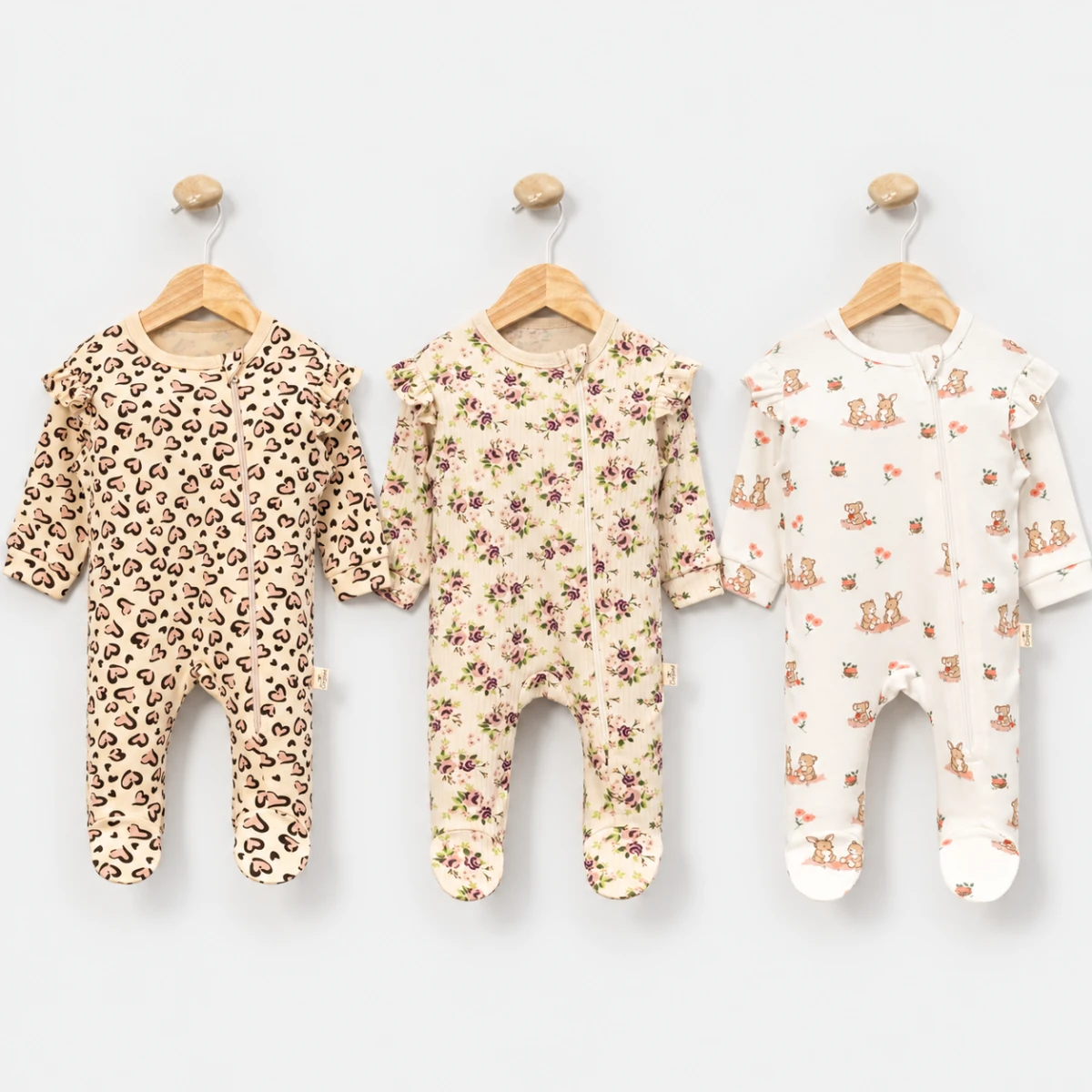 ÇİÇEK KALPLİ PAMUKLU 3 LÜ KIZ BEBE TULUM 1159