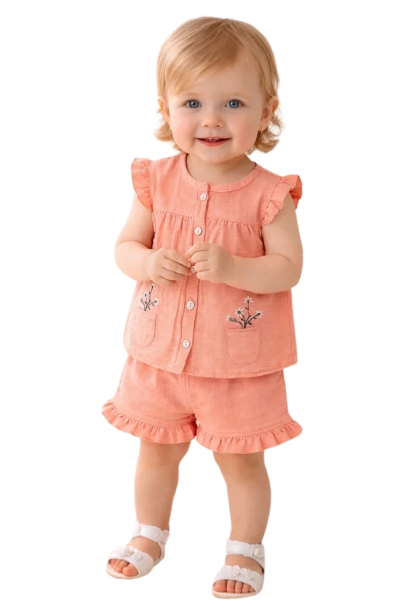 ÇİÇEK NAKIŞLI CEPLİ KIZ BEBE MÜSLİN TAKIM 940