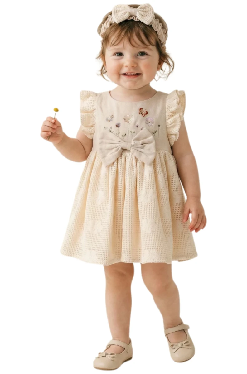 ÇİÇEK NAKIŞLI FİYONKLU KETEN BEBE ELBİSE 13656