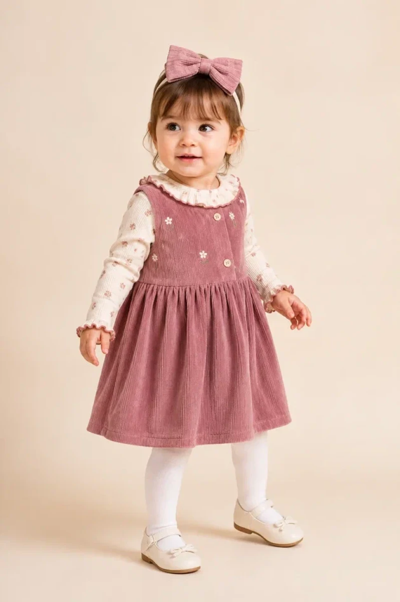 ÇİCEK NAKIŞLI KADİFE KIZ BEBE ELBİSE 6575