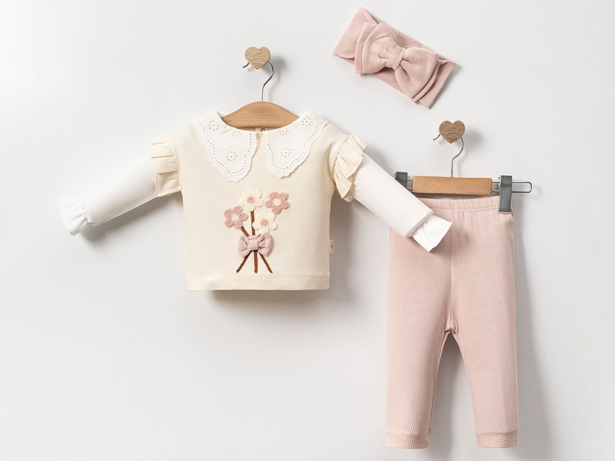 ÇİÇEK NAKIŞLI YAKASI DANTELLİ 3 LÜ BEBE TAKIM 4036