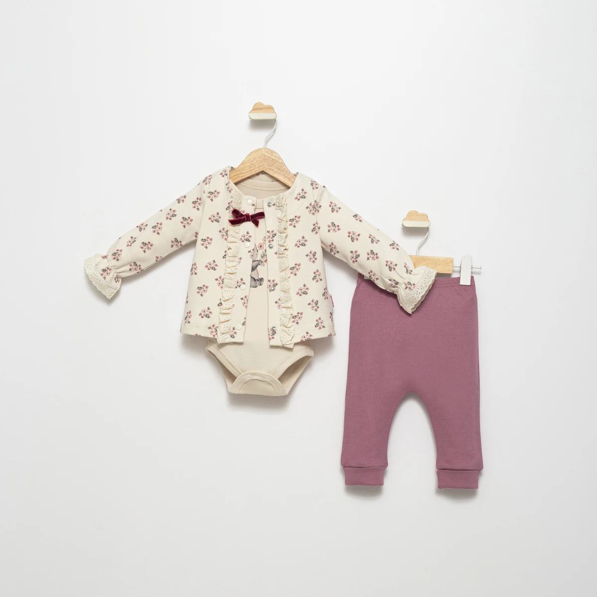 ÇİÇEK TOPLAYAN PANDA BASKILI 3 LÜ KIZ BEBE TAKIM 6008