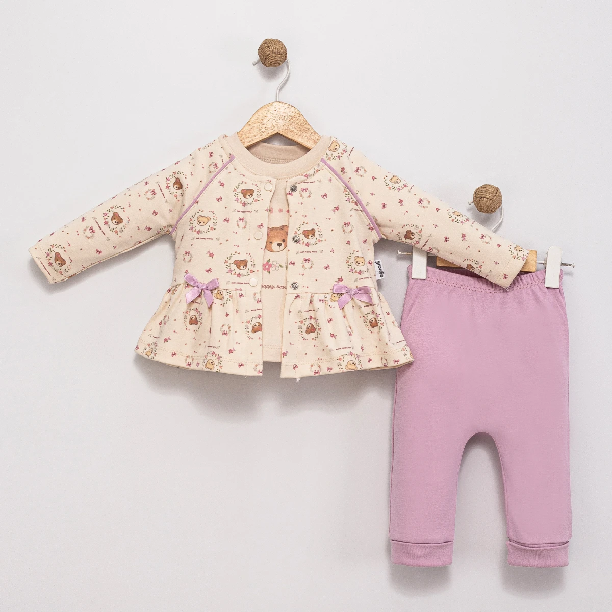 ÇİÇEK VE AYICIK DESENLİ 3 LÜ KIZ BEBE TAKIM 6087
