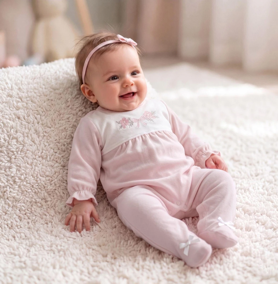 ÇİÇEK VE FİYONK NAKIŞLI KIZ BEBE TULUM 0297