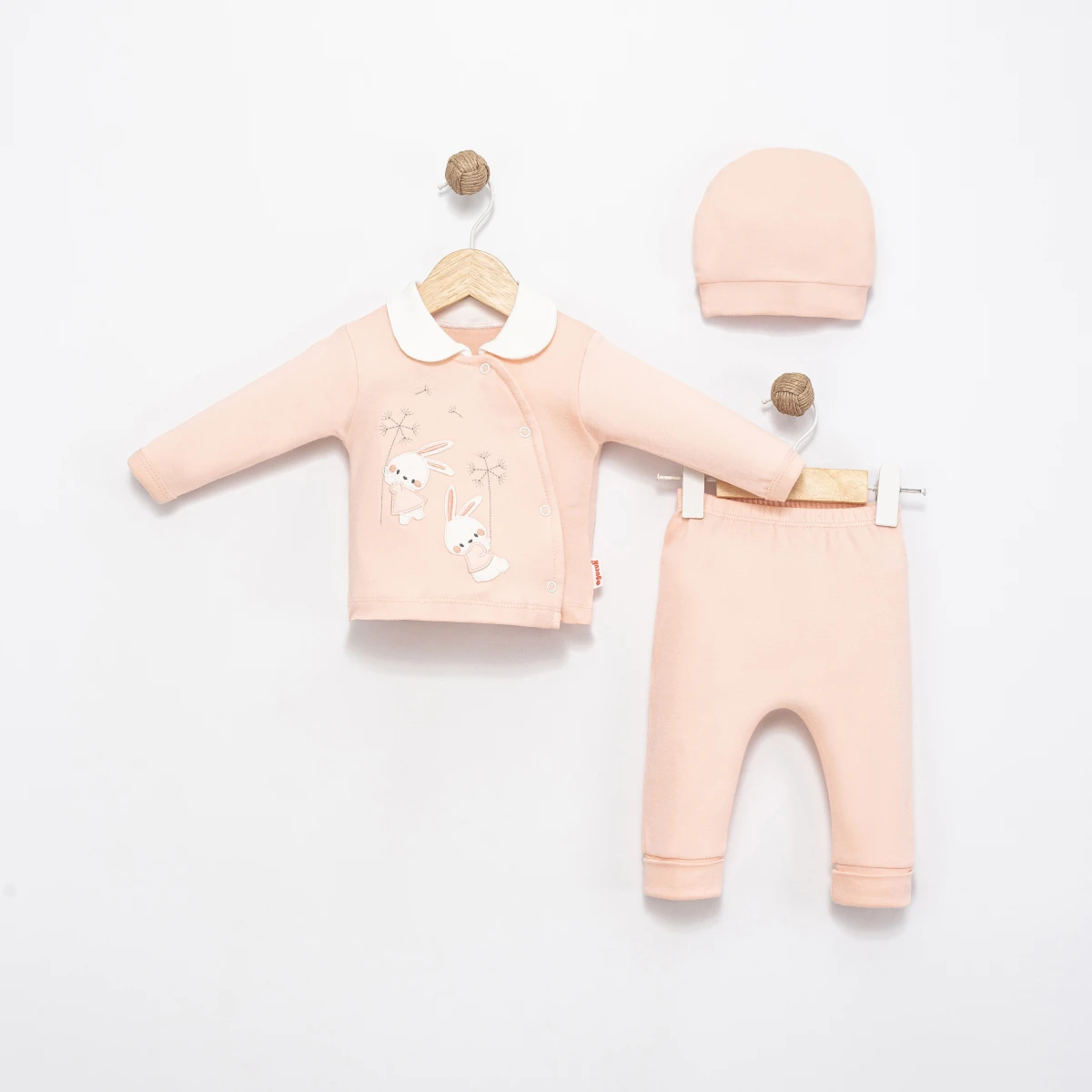 ÇİÇEK VE TAVŞAN NAKIŞLI 3 LÜ KIZ BEBE TAKIM 20359