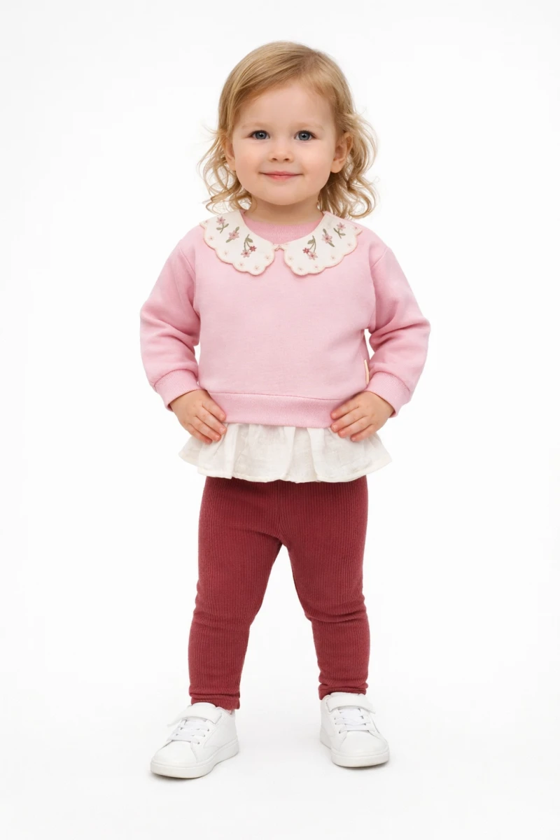 ÇİÇEK YAKA NAKIŞLI İKİLİ KIZ BEBE TAKIM 3047