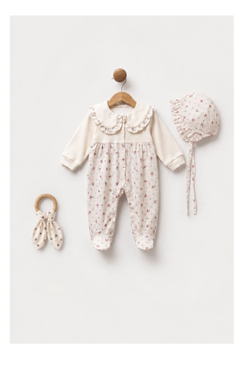  ÇİÇEKLİ BEBE YAKA 3 LÜ TULUM SET