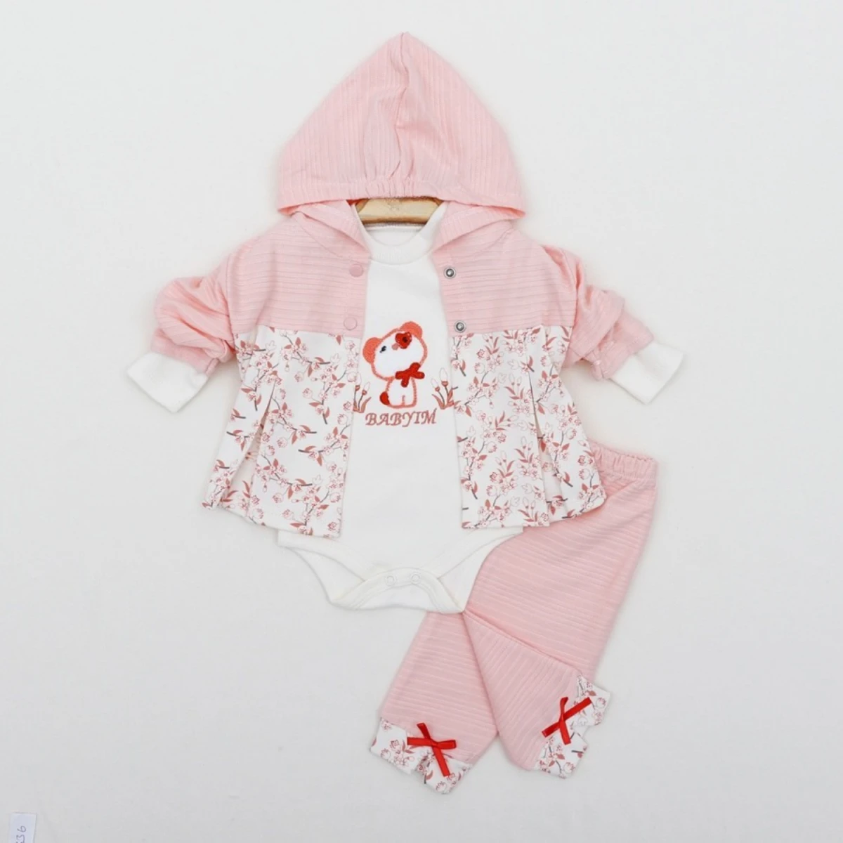 ÇİÇEKLİ ÇİZGİLİ 3 LÜ KAPÜŞONLU BEBE TAKIM 2338