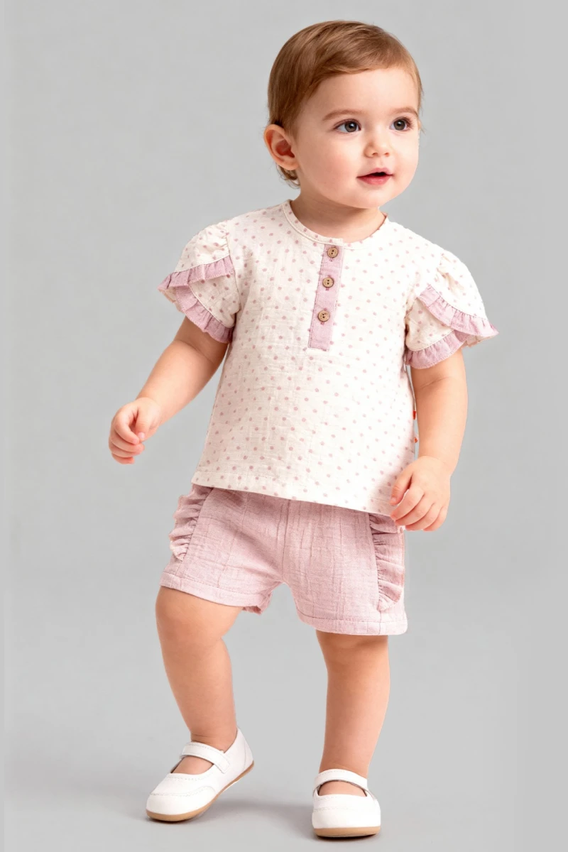 ÇİÇEKLİ FIRFIRLI YAZLIK KIZ BEBE TAKIM 2558