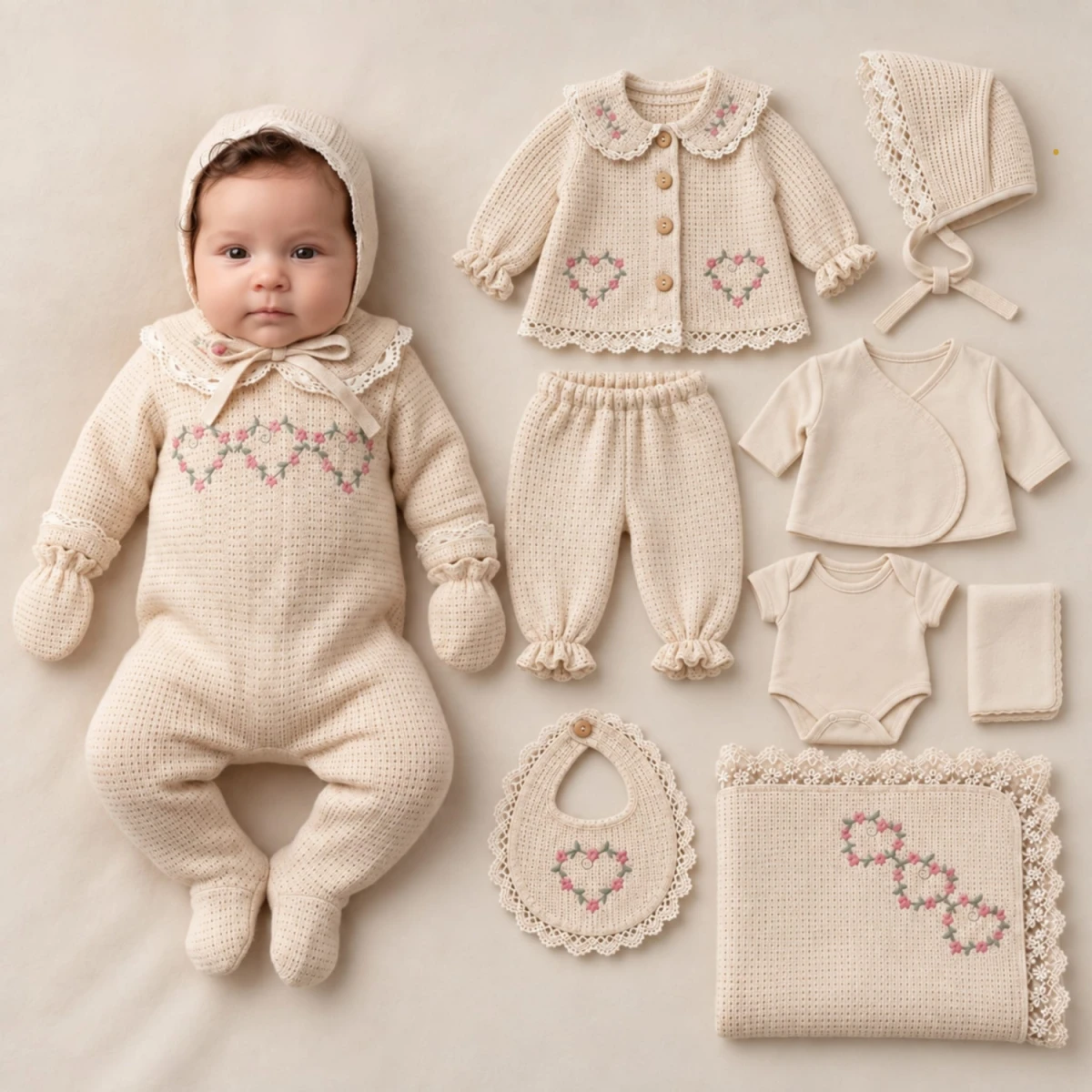 ÇİÇEKLİ KALP NAKIŞLI TRİKO KIZ BEBE 10 LU SET 10035