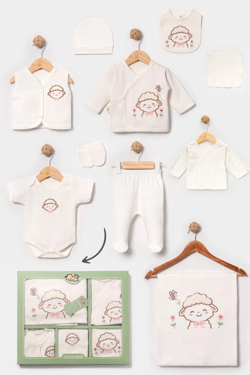 ÇİÇEKLİ KUZU NAKIŞLI PAMUKLU KIZ BEBE 10 LU ZIBIN SET 3038