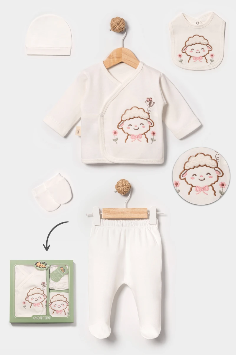 ÇİÇEKLİ KUZU NAKIŞLI PAMUKLU KIZ BEBE 5 Lİ ZIBIN SET 3048
