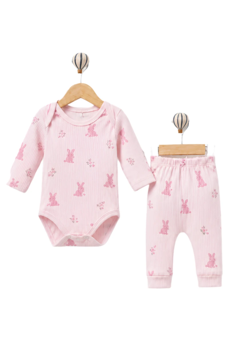 ÇİÇEKLİ TAVŞAN BASKILI 2 Lİ KIZ BEBE TAKIM 50160
