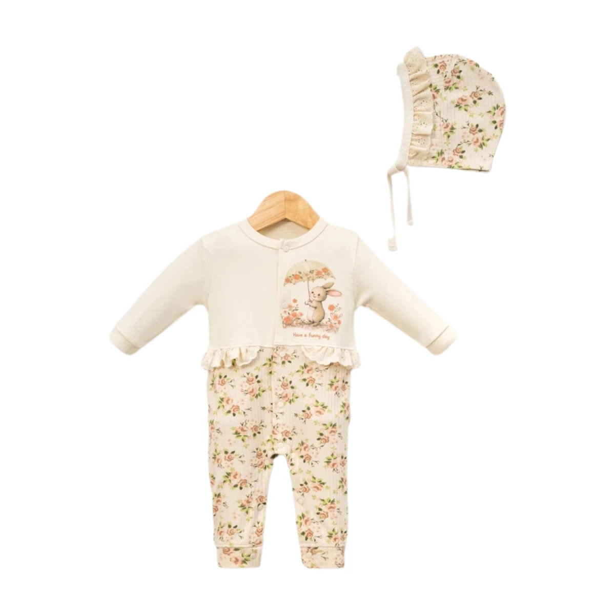  ÇİÇEKLİ TAVŞANCIK PAMUKLU KIZ BEBE TULUM 1157