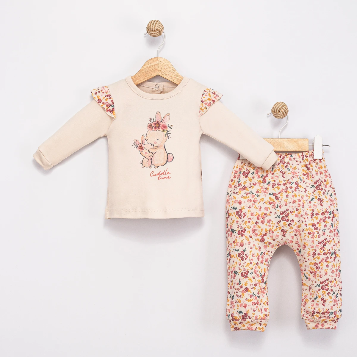 ÇİÇEKLİ TAVŞANLI PAMUKLU 2 Lİ BEBE TAKIM 2001