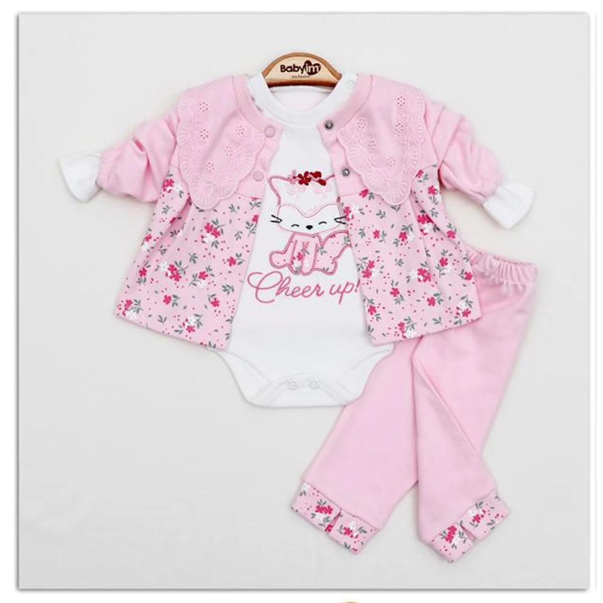 ÇİÇEKLİ YAKA DETAYLI KIZ BEBE 3 LÜ TAKIM 2134