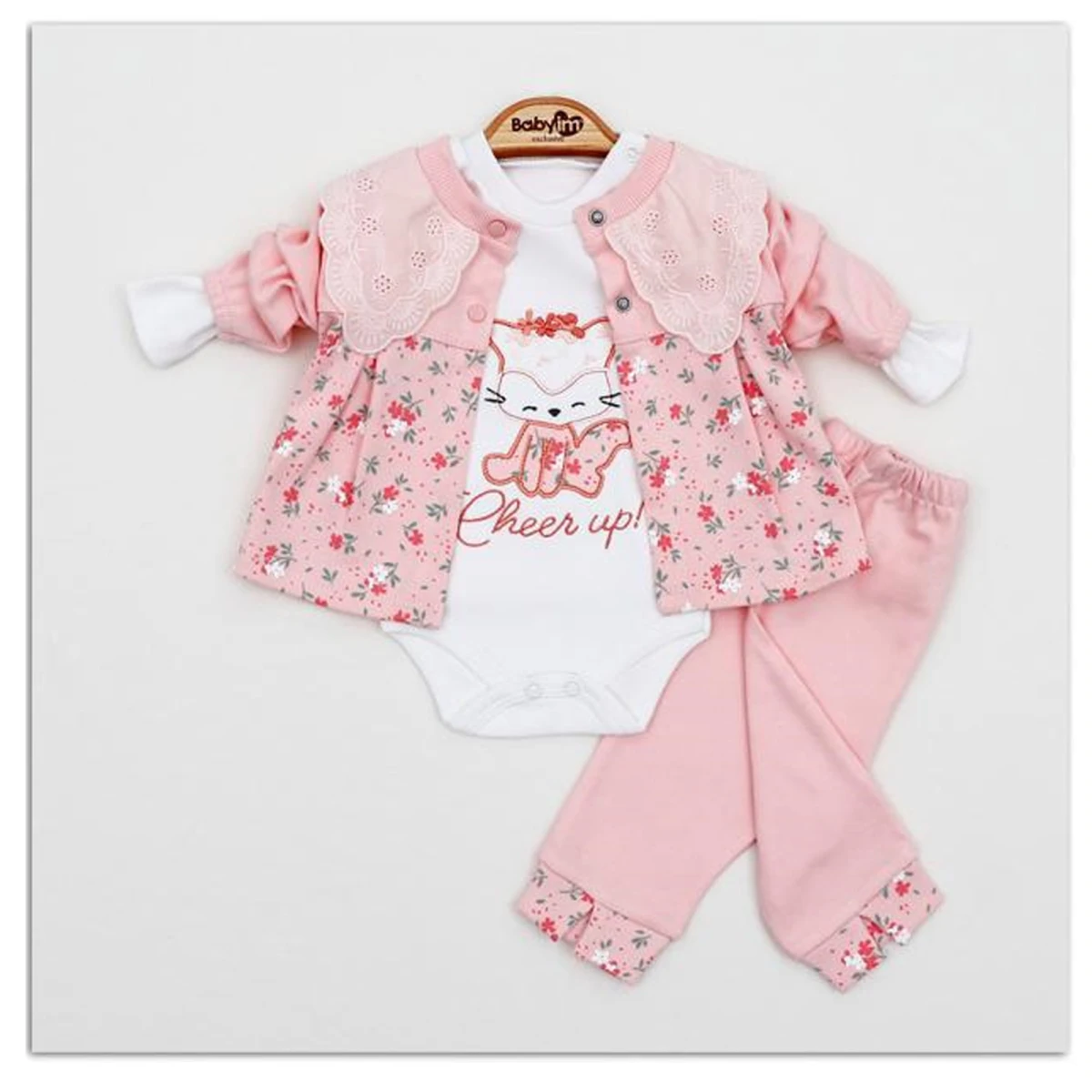 ÇİÇEKLİ YAKA DETAYLI KIZ BEBE 3 LÜ TAKIM 2134