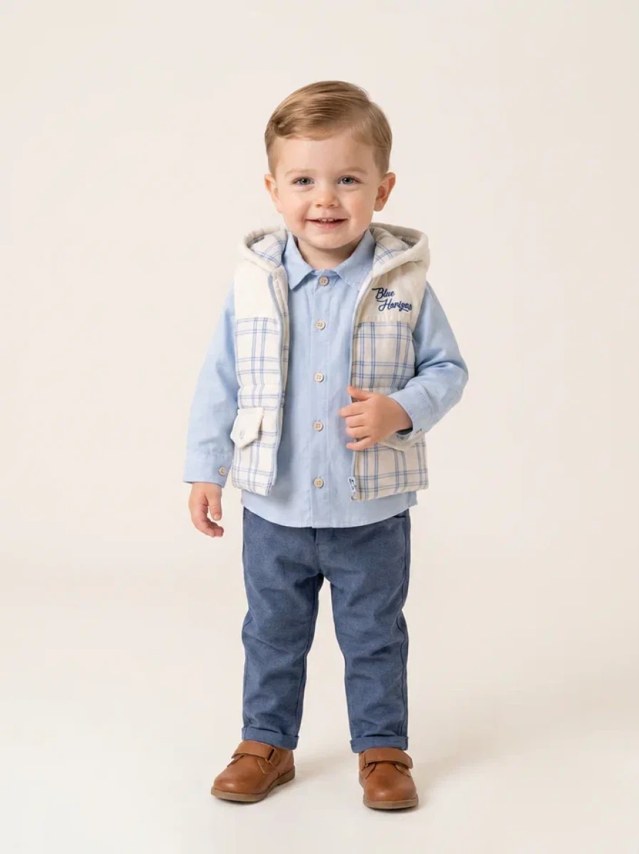 ÇİFT CEPLİ ŞİŞME YELEKLİ ERKEK BEBE 3 LÜ TAKIM 7090