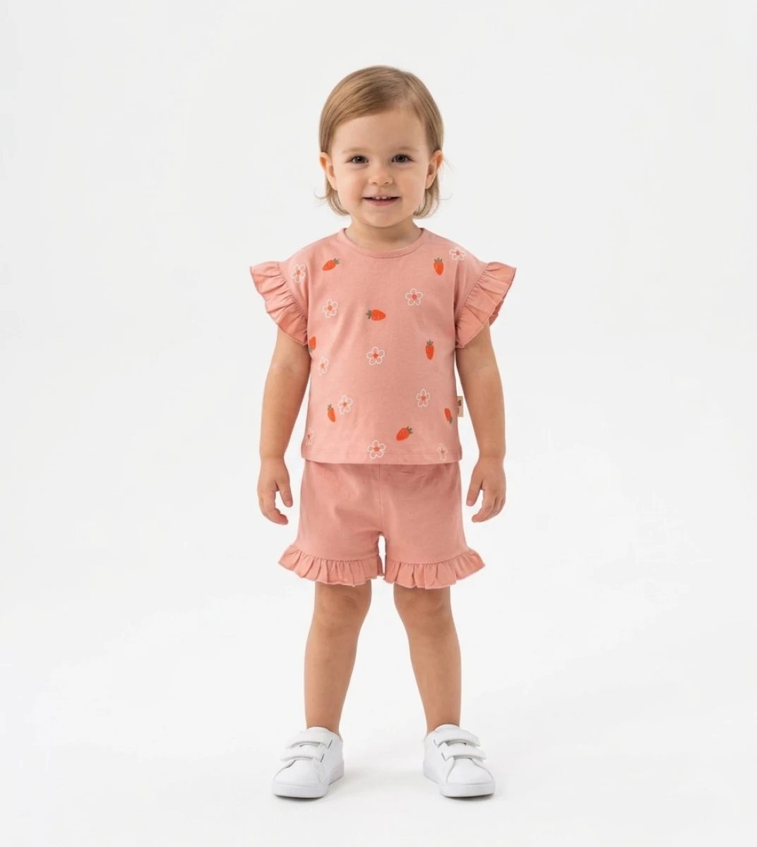 ÇİLEK VE ÇİÇEK BASKILI İKİLİ KIZ BEBE TAKIM 3160